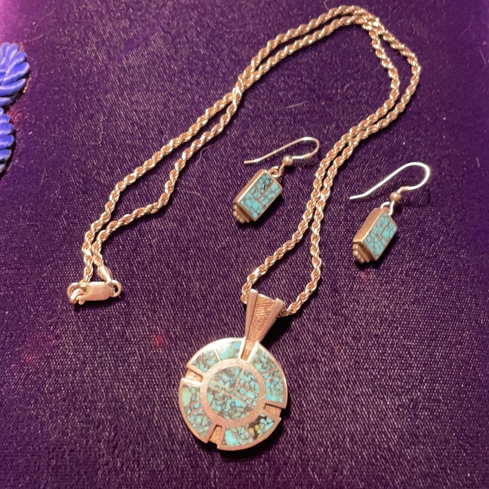 Turquoise with sterling silver pendant and earrings